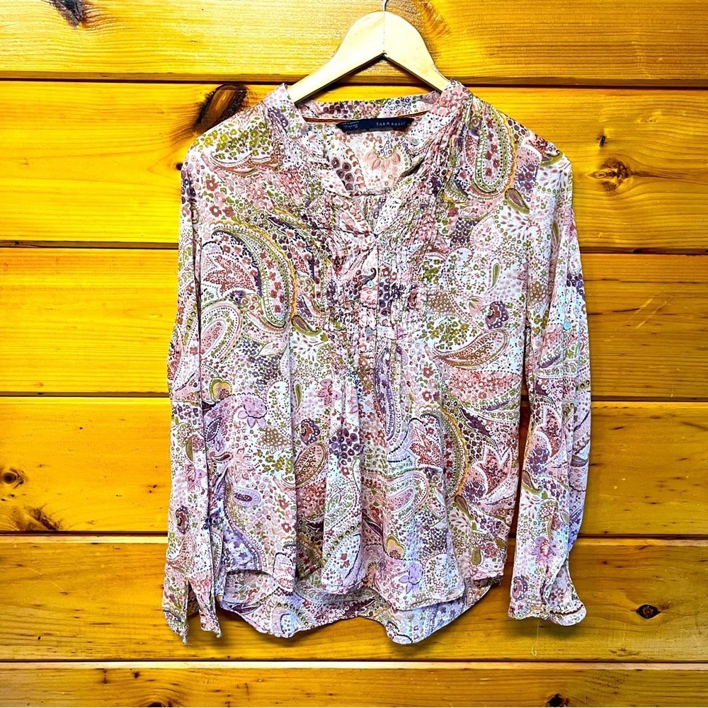 Zara Paisley Long Sleeve Pleated Half Buttons Light Weight Blouse Pink Green L
